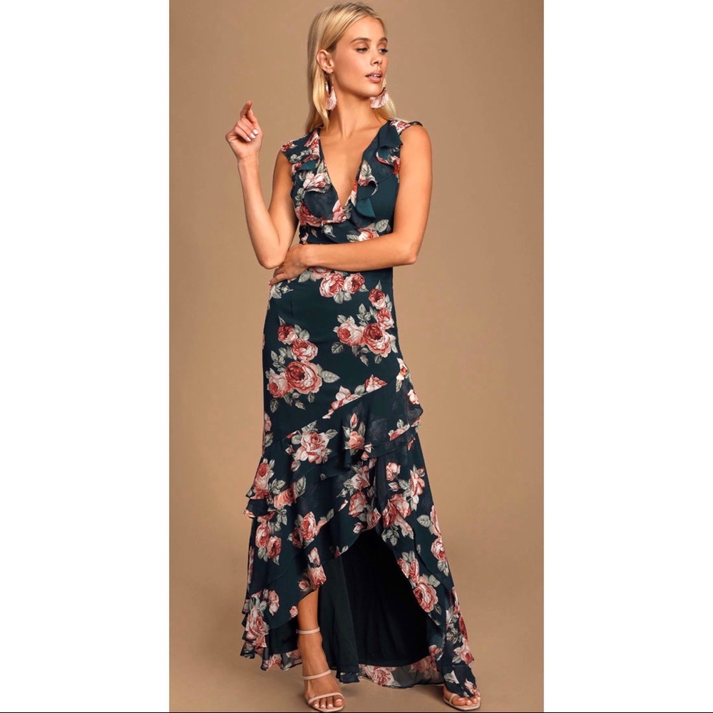 Lulu’s Dark Green Floral Print High-Low Maxi Dress